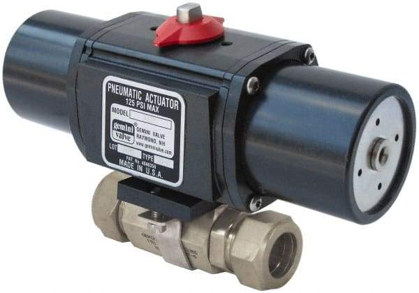 Gemini Valve - 1/4" Pipe, 1,000 psi WOG Rating Stainless Steel Pneumatic Spring Return with Solenoid Actuated Ball Valve - Reinforced PTFE Seal, Full Port - Caliber Tooling