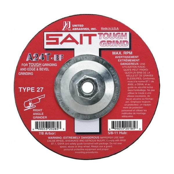 Sait - 24 Grit, 9" Wheel Diam, 1/4" Wheel Thickness, Type 27 Depressed Center Wheel - Aluminum Oxide, Resinoid Bond, T Hardness, 6,600 Max RPM, Compatible with Angle Grinder - Caliber Tooling