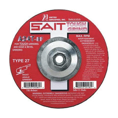 Sait - 24 Grit, 9" Wheel Diam, 1/4" Wheel Thickness, Type 27 Depressed Center Wheel - Aluminum Oxide, Resinoid Bond, T Hardness, 6,600 Max RPM, Compatible with Angle Grinder - Caliber Tooling