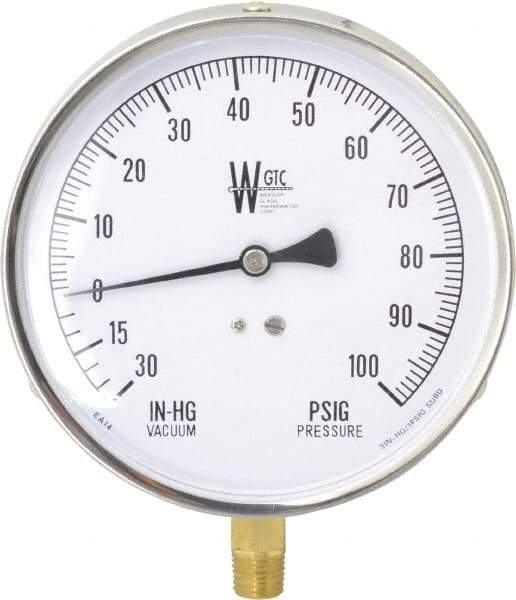 WGTC - 4-1/2" Dial, 1/4 Thread, 30-0-100 Scale Range, Pressure Gauge - Lower Connection Mount, Accurate to 1% of Scale - Caliber Tooling