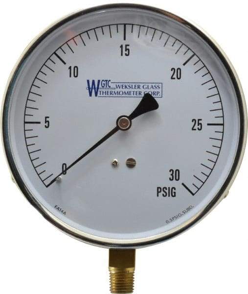 WGTC - 4-1/2" Dial, 1/4 Thread, 0-30 Scale Range, Pressure Gauge - Lower Connection Mount, Accurate to 1% of Scale - Caliber Tooling