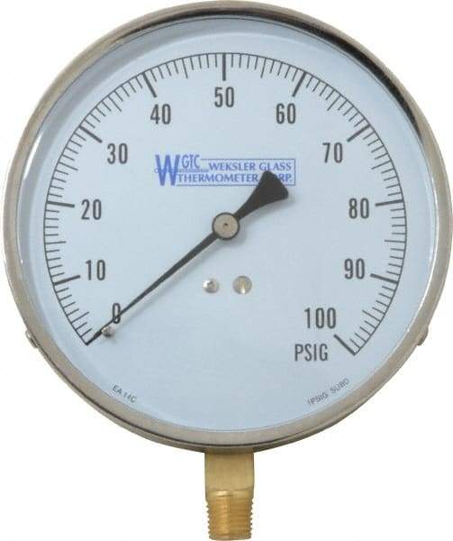 WGTC - 4-1/2" Dial, 1/4 Thread, 0-100 Scale Range, Pressure Gauge - Lower Connection Mount, Accurate to 1% of Scale - Caliber Tooling