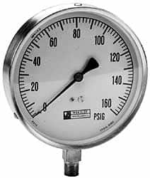 WGTC - 4-1/2" Dial, 1/4 Thread, 30-0-150 Scale Range, Pressure Gauge - Lower Connection Mount, Accurate to 1% of Scale - Caliber Tooling