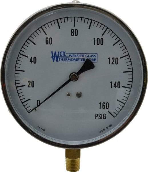 WGTC - 4-1/2" Dial, 1/4 Thread, 0-160 Scale Range, Pressure Gauge - Lower Connection Mount, Accurate to 1% of Scale - Caliber Tooling