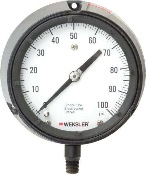 Made in USA - 4-1/2" Dial, 1/4 Thread, 0-100 Scale Range, Pressure Gauge - Lower Connection Mount, Accurate to 1% of Scale - Caliber Tooling