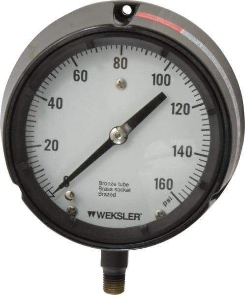 Made in USA - 4-1/2" Dial, 1/4 Thread, 0-160 Scale Range, Pressure Gauge - Lower Connection Mount, Accurate to 1% of Scale - Caliber Tooling