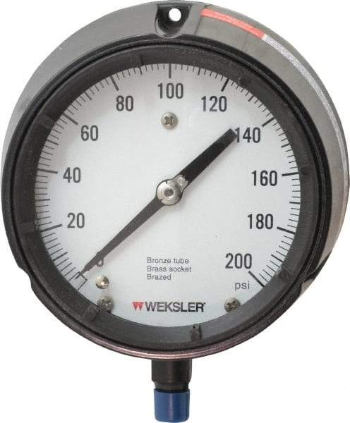 Made in USA - 4-1/2" Dial, 1/4 Thread, 0-200 Scale Range, Pressure Gauge - Lower Connection Mount, Accurate to 1% of Scale - Caliber Tooling