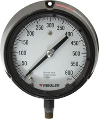 Made in USA - 4-1/2" Dial, 1/4 Thread, 0-600 Scale Range, Pressure Gauge - Lower Connection Mount, Accurate to 1% of Scale - Caliber Tooling