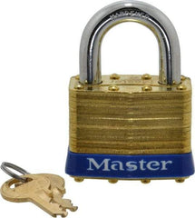 Master Lock - 1" Shackle Clearance, Keyed Alike Laminated Brass Padlock - 3/8" Shackle Diam, Brass - Caliber Tooling