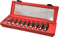 Milwaukee Tool - 9 Piece, 1/2 to 15/16" Cutter Diam, 2" Cutting Depth, Steel Annular Cutter Set - Bright Finish, 3/4" Shank Diam, 1/2", 9/16", 5/8", 11/16", 3/4", 13/16", 7/8", 15/16", 1-1/16" Cutter Diams, 2 Flats on Shank - Caliber Tooling