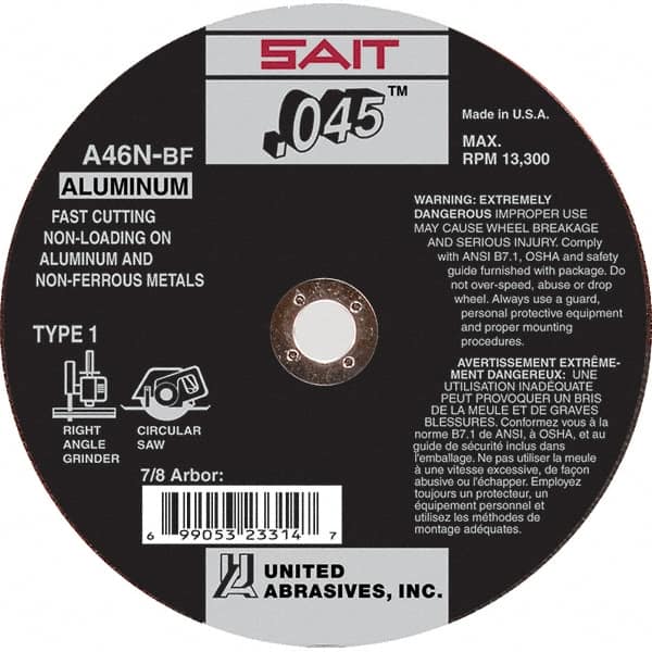 Sait - 4-1/2" 46 Grit Aluminum Oxide Cutoff Wheel - 0.045" Thick, 7/8" Arbor, 13,300 Max RPM, Use with Angle Grinders - Caliber Tooling