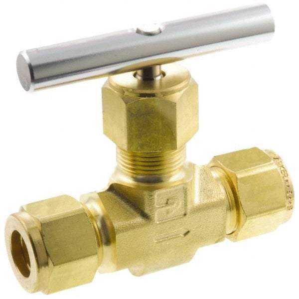 Parker - 3,000 Max psi, 1/2" Pipe, Brass, Inline Instrumentation Needle Valve - Compression x Compression CPI End Connections - Caliber Tooling