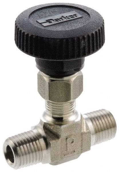 Parker - 5,000 Max psi, 3/8" Pipe, 316 Grade Stainless Steel, Inline Instrumentation Needle Valve - MNPT x MNPT End Connections - Caliber Tooling