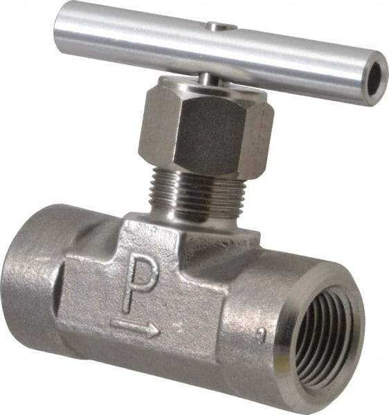 Parker - 5,000 Max psi, 1/2" Pipe, 316 Grade Stainless Steel, Inline Instrumentation Needle Valve - FNPT x FNPT End Connections - Caliber Tooling