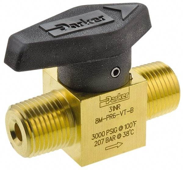 Parker - 1/8" Pipe, 3,000 psi WOG Rating, Brass, Inline, One Way Instrumentation Plug Valve - Wedge Handle, MNPT x MNPT End Connections, Viton Seal - Caliber Tooling