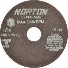 Norton - 6" 60 Grit Aluminum Oxide Cutoff Wheel - 1/16" Thick, 1-1/4" Arbor, 7,640 Max RPM, Use with Stationary Grinders - Caliber Tooling