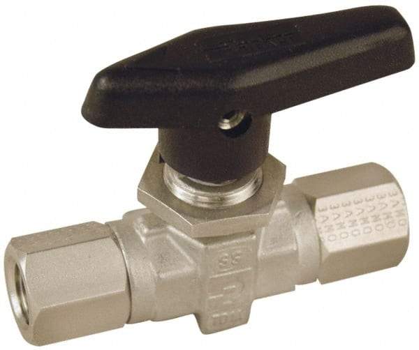 Parker - 1/8" Pipe, FNPT x FNPT End Connections, Stainless Steel, Inline, Two Way Flow, Instrumentation Ball Valve - 6,000 psi WOG Rating, Wedge Handle, PTFE Seal, PTFE Seat - Caliber Tooling