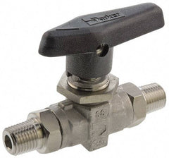 Parker - 1/2" Pipe, MNPT x MNPT End Connections, Stainless Steel, Inline, Two Way Flow, Instrumentation Ball Valve - 6,000 psi WOG Rating, Wedge Handle, PTFE Seal, PTFE Seat - Caliber Tooling