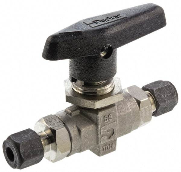 Parker - 1/4" Pipe, Compression x Compression CPI End Connections, Stainless Steel, Inline, Two Way Flow, Instrumentation Ball Valve - 6,000 psi WOG Rating, Wedge Handle, PTFE Seal, PTFE Seat - Caliber Tooling