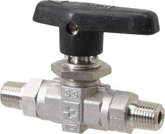 Parker - 1/4" Pipe, MNPT x MNPT End Connections, Stainless Steel, Inline, Two Way Flow, Instrumentation Ball Valve - 6,000 psi WOG Rating, Wedge Handle, PTFE Seal, PTFE Seat - Caliber Tooling