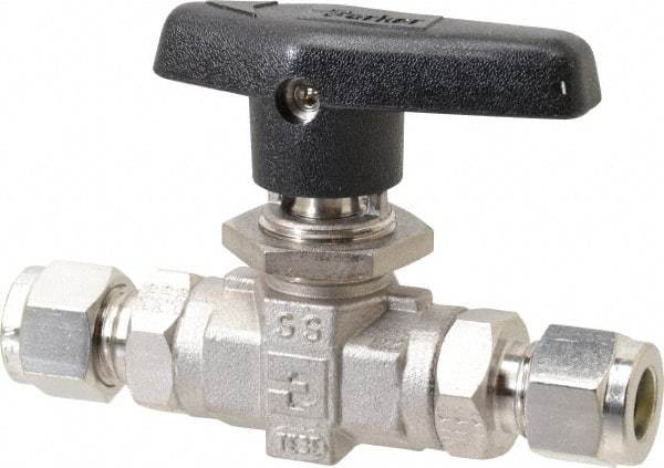 Parker - 3/8" Pipe, Stainless Steel, Inline, Two Way Flow, Instrumentation Ball Valve - 6,000 psi WOG Rating, Wedge Handle, PTFE Seal, PTFE Seat - Caliber Tooling