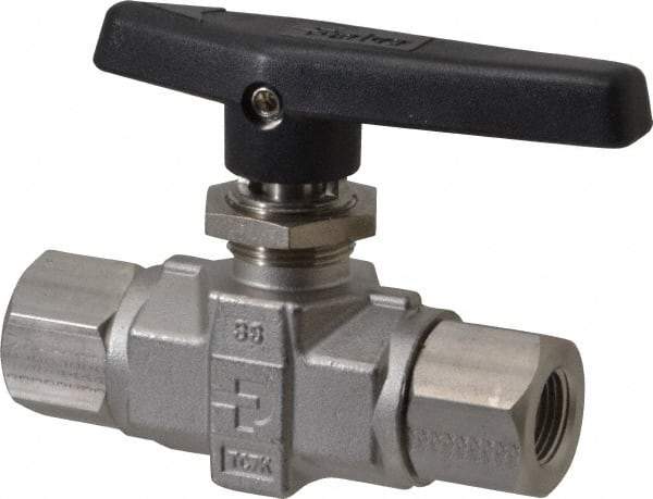 Parker - 3/8" Pipe, FNPT x FNPT End Connections, Stainless Steel, Inline, Two Way Flow, Instrumentation Ball Valve - 6,000 psi WOG Rating, Wedge Handle, PTFE Seal, PTFE Seat - Caliber Tooling