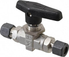 Parker - 3/8" Pipe, Compression x Compression CPI End Connections, Stainless Steel, Inline, Two Way Flow, Instrumentation Ball Valve - 6,000 psi WOG Rating, Wedge Handle, PTFE Seal, PTFE Seat - Caliber Tooling