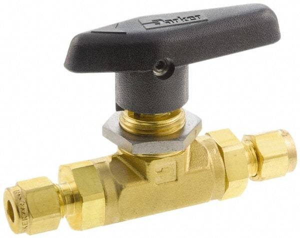 Parker - 1/8" Pipe, Compression x Compression CPI End Connections, Brass, Inline, Two Way Flow, Instrumentation Ball Valve - 3,000 psi WOG Rating, Wedge Handle, PTFE Seal, PTFE Seat - Caliber Tooling