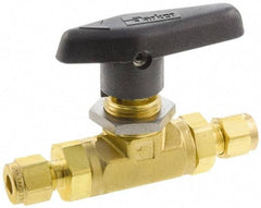 Parker - 1/8" Pipe, Brass, Inline, Two Way Flow, Instrumentation Ball Valve - 3,000 psi WOG Rating, Wedge Handle, PTFE Seal, PTFE Seat - Caliber Tooling