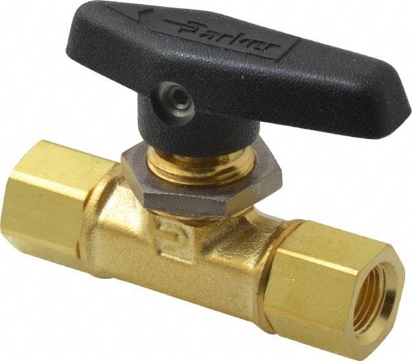 Parker - 1/8" Pipe, FNPT x FNPT End Connections, Brass, Inline, Two Way Flow, Instrumentation Ball Valve - 3,000 psi WOG Rating, Wedge Handle, PTFE Seal, PTFE Seat - Caliber Tooling