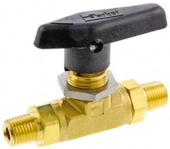 Parker - 3/8" Pipe, MNPT x MNPT End Connections, Brass, Inline, Two Way Flow, Instrumentation Ball Valve - 3,000 psi WOG Rating, Wedge Handle, PTFE Seal, PTFE Seat - Caliber Tooling