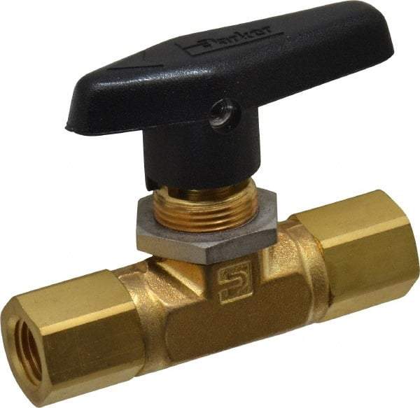 Parker - 1/4" Pipe, FNPT x FNPT End Connections, Brass, Inline, Two Way Flow, Instrumentation Ball Valve - 3,000 psi WOG Rating, Wedge Handle, PTFE Seal, PTFE Seat - Caliber Tooling