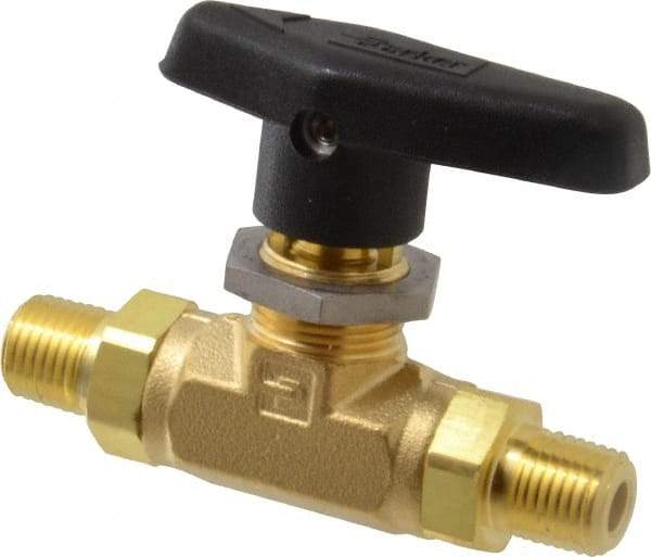 Parker - 1/4" Pipe, MNPT x MNPT End Connections, Brass, Inline, Two Way Flow, Instrumentation Ball Valve - 3,000 psi WOG Rating, Wedge Handle, PTFE Seal, PTFE Seat - Caliber Tooling