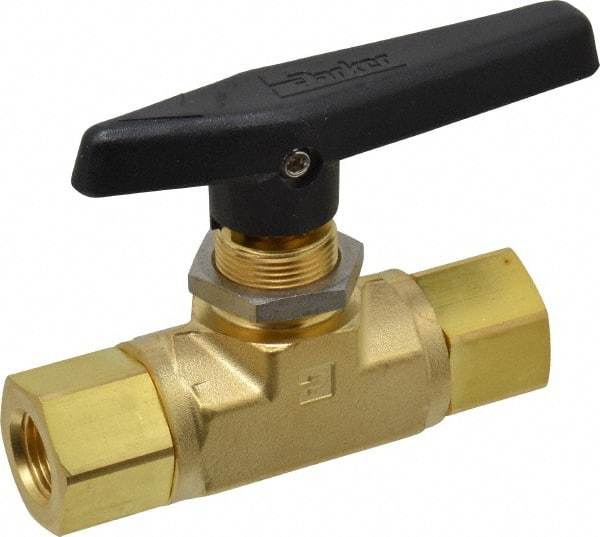 Parker - 3/8" Pipe, FNPT x FNPT End Connections, Brass, Inline, Two Way Flow, Instrumentation Ball Valve - 3,000 psi WOG Rating, Wedge Handle, PTFE Seal, PTFE Seat - Caliber Tooling