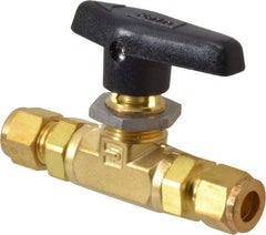 Parker - 3/8" Pipe, Compression x Compression CPI End Connections, Brass, Inline, Two Way Flow, Instrumentation Ball Valve - 3,000 psi WOG Rating, Wedge Handle, PTFE Seal, PTFE Seat - Caliber Tooling