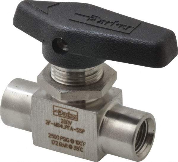 Parker - 1/8" Pipe, FNPT x FNPT End Connections, Stainless Steel, Inline, Two Way Flow, Instrumentation Ball Valve - 2,500 psi WOG Rating, Wedge Handle, PFA Seat - Caliber Tooling