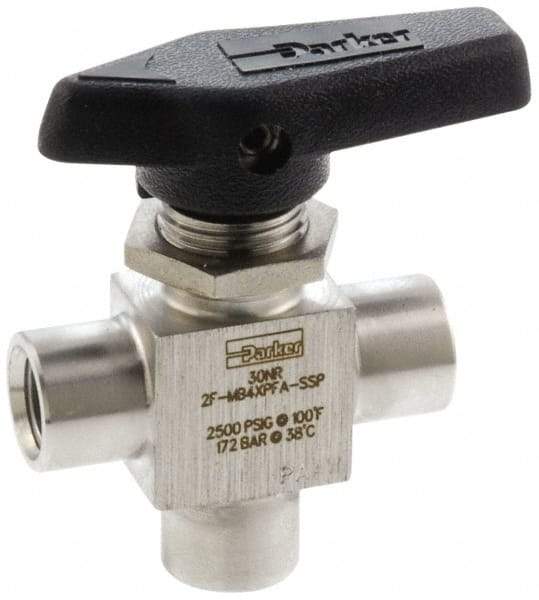 Parker - 1/8" Pipe, FNPT x FNPT x FNPT End Connections, Stainless Steel, Three Way, Instrumentation Ball Valve - 2,500 psi WOG Rating, Wedge Handle, PFA Seat - Caliber Tooling