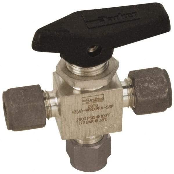 Parker - 1/8" Pipe, Compression x Compression x Compression CPI End Connections, Stainless Steel, Three Way, Instrumentation Ball Valve - 2,500 psi WOG Rating, Wedge Handle, PFA Seat - Caliber Tooling