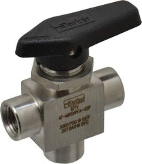 Parker - 1/4" Pipe, FNPT x FNPT x FNPT End Connections, Stainless Steel, Three Way, Instrumentation Ball Valve - 3,000 psi WOG Rating, Wedge Handle, PFA Seat - Caliber Tooling