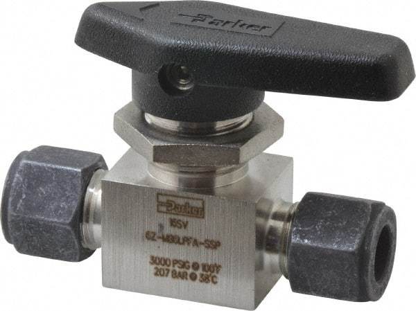 Parker - 3/8" Pipe, Compression x Compression CPI End Connections, Stainless Steel, Inline, Two Way Flow, Instrumentation Ball Valve - 3,000 psi WOG Rating, Wedge Handle, PFA Seat - Caliber Tooling