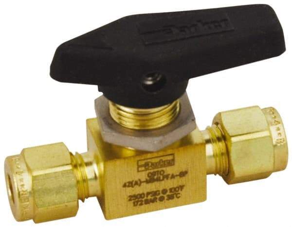 Parker - 1/8" Pipe, Brass, Inline, Two Way Flow, Instrumentation Ball Valve - 2,500 psi WOG Rating, Wedge Handle, PFA Seat - Caliber Tooling