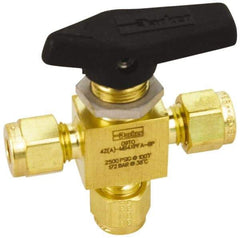 Parker - 3/8" Pipe, Compression x Compression x Compression CPI End Connections, Brass, Three Way, Instrumentation Ball Valve - 3,000 psi WOG Rating, Wedge Handle, PFA Seat - Caliber Tooling