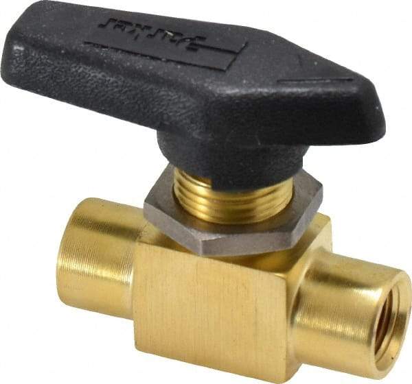 Parker - 1/8" Pipe, FNPT x FNPT End Connections, Brass, Inline, Two Way Flow, Instrumentation Ball Valve - 2,500 psi WOG Rating, Wedge Handle, PFA Seat - Caliber Tooling