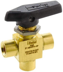 Parker - 1/8" Pipe, FNPT x FNPT x FNPT End Connections, Brass, Three Way, Instrumentation Ball Valve - 2,500 psi WOG Rating, Wedge Handle, PFA Seat - Caliber Tooling