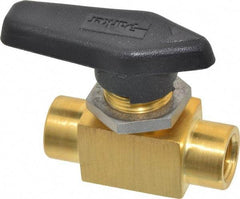 Parker - 1/4" Pipe, FNPT x FNPT End Connections, Brass, Inline, Two Way Flow, Instrumentation Ball Valve - 3,000 psi WOG Rating, Wedge Handle, PFA Seat - Caliber Tooling