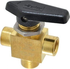 Parker - 1/4" Pipe, FNPT x FNPT x FNPT End Connections, Brass, Three Way, Instrumentation Ball Valve - 3,000 psi WOG Rating, Wedge Handle, PFA Seat - Caliber Tooling