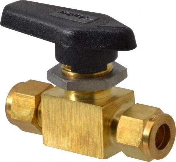 Parker - 3/8" Pipe, Brass, Inline, Two Way Flow, Instrumentation Ball Valve - 3,000 psi WOG Rating, Wedge Handle, PFA Seat - Caliber Tooling