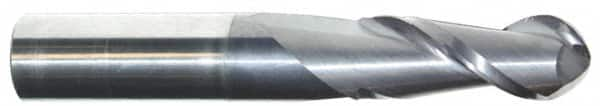 Accupro - 1" Diam, 2-1/4" LOC, 2 Flute Solid Carbide Ball End Mill - AlTiN Finish, Single End, 5" OAL, 1" Shank Diam, Spiral Flute - Caliber Tooling