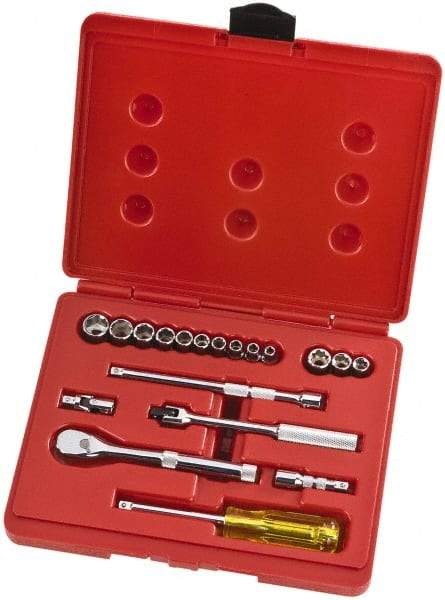 Proto - 19 Piece 1/4" Drive Full Polish Finish Socket Set - 6 Points, 3/16" to 3/8" Range, Inch Measurement Standard - Caliber Tooling