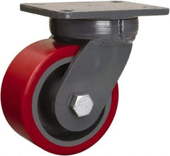 Hamilton - 6" Diam x 3" Wide x 8" OAH Top Plate Mount Swivel Caster - Polyurethane Mold onto Cast Iron Center, 2,600 Lb Capacity, Sealed Precision Ball Bearing, 5-1/4 x 7-1/4" Plate - Caliber Tooling